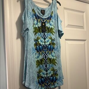 JM Collection Blue Floral Drop sleeves Tank Top Size 2X NWT